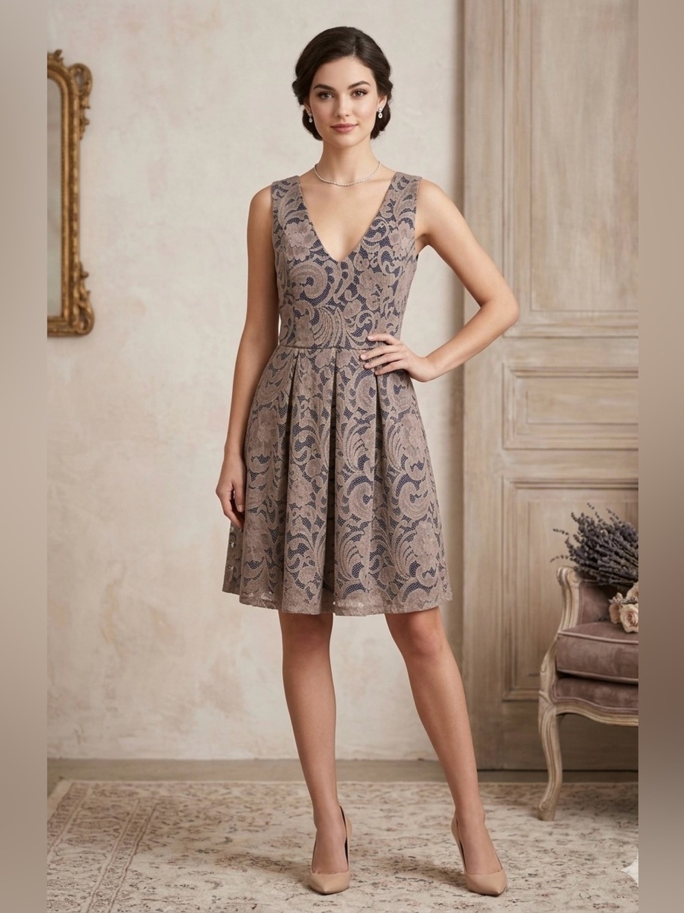 Just Ginger Lace Mini Dress Large Taupe Navy V-Neck Fit Flare Cocktail Wedding